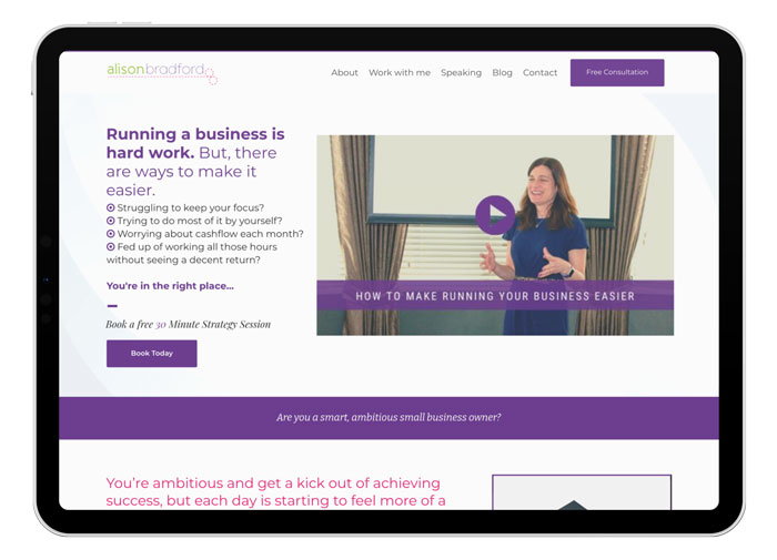 Alison Bradford's new homepage website design by TukTuk Creative Marketing