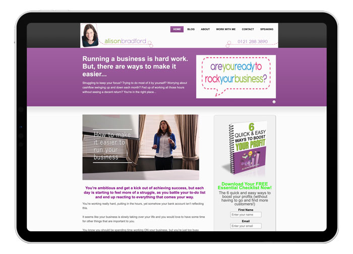 Alison Bradford's homepage website design before her new website with TukTuk Creative Marketing