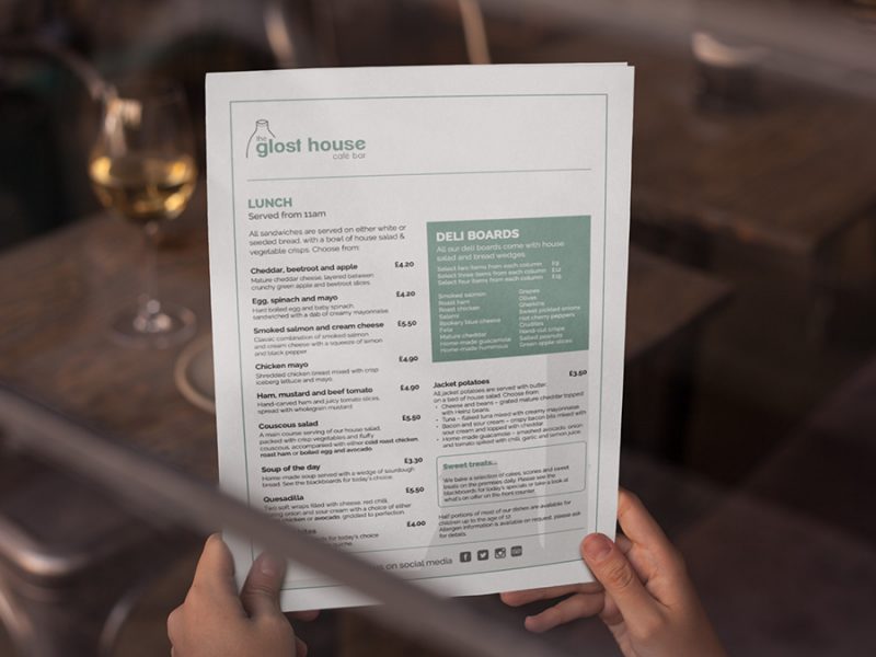 The Glost House Lunch menu designer by TukTuk Creative Marketing