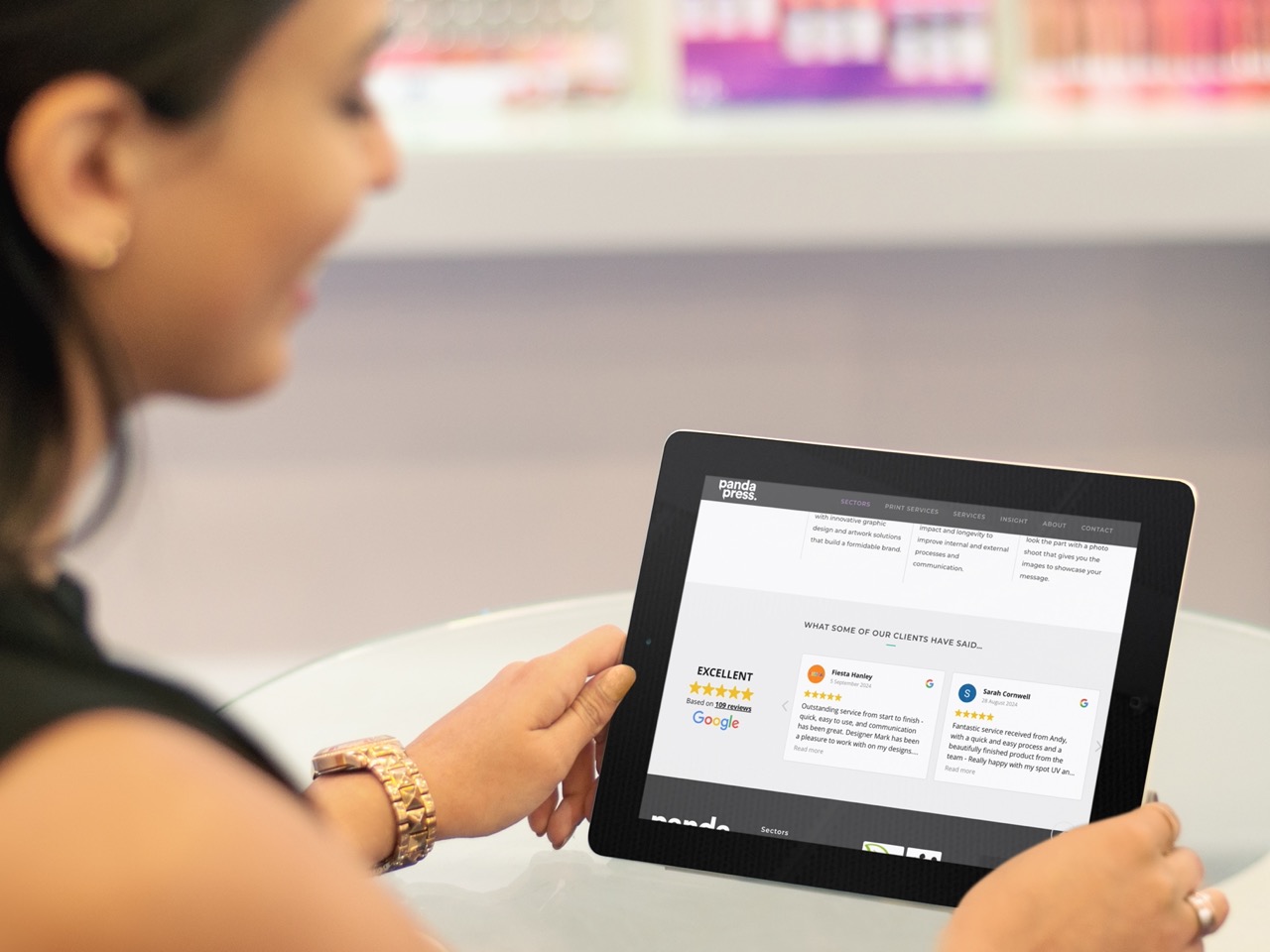 Google reviews are highlighted on the Panda Press website.